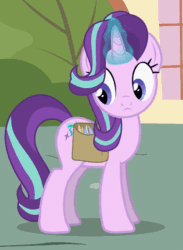 Size: 448x612 | Tagged: safe, artist:forgalorga, imported from derpibooru, starlight glimmer, pony, unicorn, :<, adorable face, animated, cute, feather, female, give me your wings, glimmerbetes, glowing horn, horn, looking at you, mare, saddle bag, solo