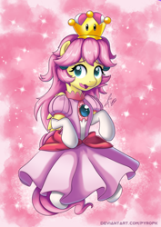 Size: 636x900 | Tagged: safe, artist:pyropk, imported from derpibooru, fluttershy, pegasus, pony, adorable face, alternate hairstyle, clothes, cosplay, costume, crown, cute, cuteness overload, dress, female, flutterpeach, gloves, jewelry, long gloves, looking at you, looking sideways, mare, moe, open mouth, pink dress, princess peach, regalia, shyabetes, skirt, socks, solo, sparkles, stockings, super mario bros., sweet dreams fuel, thigh highs, three quarter view, wavy mouth, white socks, white stockings