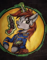 Size: 1694x2160 | Tagged: safe, artist:sharimapic, imported from derpibooru, oc, oc only, oc:littlepip, pony, unicorn, fallout equestria, badass pone, clothes, fallout, fanfic, fanfic art, female, glowing horn, gun, handgun, hooves, horn, jumpsuit, levitation, little macintosh, magic, mare, open mouth, optical sight, pipbuck, revolver, scope, solo, stable, telekinesis, traditional art, vault suit, weapon