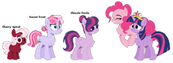 Size: 1456x536 | Tagged: safe, artist:cinnam0chi, imported from derpibooru, pinkie pie, twilight sparkle, alicorn, pony, big crown thingy, chest fluff, family, female, jewelry, lesbian, magical lesbian spawn, offspring, parent:pinkie pie, parent:twilight sparkle, parents:twinkie, regalia, shipping, simple background, transparent background, twilight sparkle (alicorn), twinkie