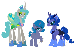 Size: 1067x674 | Tagged: safe, artist:g0ldentoothpick, imported from derpibooru, princess luna, queen chrysalis, changeling, changeling queen, changepony, hybrid, chrysaluna, family, female, interspecies offspring, lesbian, magical lesbian spawn, mirror universe, offspring, parent:princess luna, parent:queen chrysalis, parents:chrysaluna, reversalis, shipping