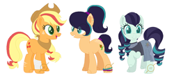 Size: 1033x455 | Tagged: safe, artist:g0ldentoothpick, imported from derpibooru, applejack, coloratura, pony, family, female, lesbian, magical lesbian spawn, offspring, parent:applejack, parent:coloratura, parents:rarajack, rarajack, shipping