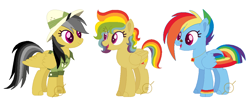 Size: 1083x441 | Tagged: safe, artist:g0ldentoothpick, imported from derpibooru, daring do, rainbow dash, oc, oc:flock together, pegasus, pony, daringdash, family, female, lesbian, magical lesbian spawn, mare, offspring, parent:daring do, parent:rainbow dash, parents:daringdash, shipping, simple background, white background