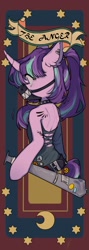 Size: 728x2048 | Tagged: safe, artist:snowillusory, imported from derpibooru, part of a set, starlight glimmer, bat, semi-anthro, unicorn, angry, baseball bat, choker, clothes, dress, ear piercing, female, mask, piercing, seven deadly sins, solo, spiked choker, tattoo, weapon, wing tattoo