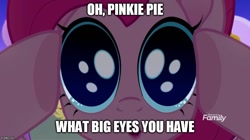 Size: 888x499 | Tagged: safe, edit, edited screencap, imported from derpibooru, screencap, pinkie pie, earth pony, pony, rainbow roadtrip, big eyes, caption, image macro, looking at you, meme, text