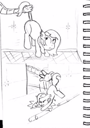 Size: 2689x3791 | Tagged: safe, artist:rusticanon, imported from derpibooru, oc, oc only, oc:dizzy cream, bat pony, pony, robot, wingless bat pony, comic:dizzy's daycare, abdl, bat pony oc, bath, comic, conveyor belt, dropped, falling, hanging, lineart, machine, mechanical hands, monochrome, nursery, sketch, solo, suspended, traditional art, wingless