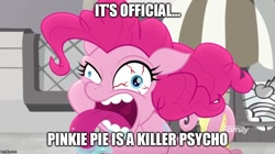 Size: 888x499 | Tagged: safe, edit, edited screencap, imported from derpibooru, screencap, fluttershy, pinkie pie, earth pony, pegasus, pony, rainbow roadtrip, bloodshot eyes, caption, crazy face, discovery family logo, drool, evil eye, faic, female, hope hollow, horrifying, image macro, mare, meme, scary face, teeth, terrorize, text, tongue out