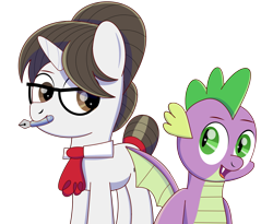 Size: 2529x2070 | Tagged: safe, artist:trackheadtherobopony, imported from derpibooru, raven, spike, dragon, unicorn, ascot, female, glasses, hair bun, horn, ink pen, male, ravenspike, secretary, shipping, straight, wings