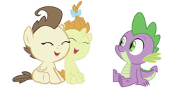 Size: 750x396 | Tagged: artist needed, safe, editor:undeadponysoldier, imported from derpibooru, pound cake, pumpkin cake, spike, dragon, pegasus, pony, unicorn, baby, baby pony, bisexual, cake twins, colt, cute, female, filly, gay, happy, male, open mouth, poundspike, pumpkinspike, shipping, siblings, simple background, straight, twins, white background