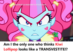 Size: 1280x922 | Tagged: safe, edit, edited screencap, imported from derpibooru, screencap, kiwi lollipop, equestria girls, equestria girls series, sunset's backstage pass!, spoiler:eqg series (season 2), angry, close-up, discovery kids, female, headcanon, k-lo, lgbt, looking at you, op is a duck, op is trying to start shit, op is trying to start shit so badly that it's kinda funny, question, solo, spanish, text, transphobia, transvestite