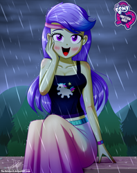 Size: 920x1160 | Tagged: safe, artist:the-butch-x, imported from derpibooru, snow flower, equestria girls, equestria girls series, let it rain, spoiler:eqg series (season 2), background human, breasts, busty snow flower, butch's hello, cleavage, clothes, cute, equestria girls logo, female, headband, heart eyes, hello x, long skirt, looking at you, midriff, rain, signature, sitting, skirt, sleeveless, solo, tanktop, wingding eyes