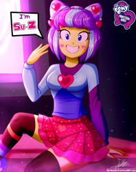 Size: 920x1160 | Tagged: safe, artist:the-butch-x, imported from derpibooru, supernova zap, equestria girls, equestria girls series, sunset's backstage pass!, spoiler:eqg series (season 2), butch's hello, clothes, cute, equestria girls logo, female, hello x, looking at you, signature, skirt, smiling, solo, su-z, su-z-betes, zettai ryouiki