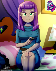 Size: 920x1160 | Tagged: safe, artist:the-butch-x, imported from derpibooru, boulder (pet), maud pie, equestria girls, bed, boulder (g4), butch's hello, equestria girls logo, female, hello x, legs, looking at you, pillow, signature, sitting, solo