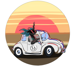 Size: 1800x1600 | Tagged: safe, artist:rocket-lawnchair, imported from derpibooru, queen chrysalis, changeling, changeling queen, bad pun, car, disney, female, herbie, pun, sunglasses, sunset, the love bug, visual pun, volkswagen beetle