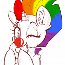 Size: 512x512 | Tagged: safe, artist:meowmavi, color edit, deleted from derpibooru, edit, imported from derpibooru, fizzlepop berrytwist, tempest shadow, pony, my little pony: the movie, broken horn, clown, clown nose, colored, cute, donut, ear fluff, eating, eye scar, female, food, hooves, hooves up, horn, looking at you, mare, one eye closed, rainbow hair, red nose, scar, sitting, sketch, solo, tempestbetes, underhoof, wink