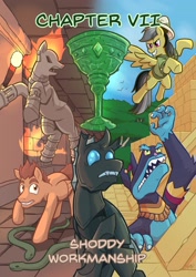 Size: 2000x2828 | Tagged: safe, artist:tyscope, imported from derpibooru, ahuizotl, daring do, oc, oc:idol hooves, changeling, golem, pegasus, pony, snake, fanfic:the changeling of the guard, ancient ruins, chalice, changeling oc, disguise, disguised changeling, fanfic, fanfic art, female, goblet, jungle, mare, ruins, temple