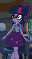 Size: 350x630 | Tagged: safe, imported from derpibooru, screencap, rainbow dash, sci-twi, trixie, twilight sparkle, cheer you on, equestria girls, equestria girls series, spoiler:eqg series (season 2), clothes, cropped, cute, female, geode of telekinesis, glasses, legs, magical geodes, offscreen character, ponytail, skirt, smiling