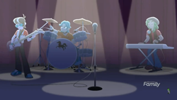 Size: 1280x720 | Tagged: safe, imported from derpibooru, screencap, brawly beats, ringo, sandalwood, cheer you on, equestria girls, equestria girls series, spoiler:eqg series (season 2), clothes, drums, guitar, male, microphone, musical instrument, pants, shoes, trio