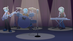 Size: 1918x1078 | Tagged: safe, imported from derpibooru, screencap, brawly beats, ringo, sandalwood, cheer you on, equestria girls, equestria girls series, spoiler:eqg series (season 2), cymbals, drum kit, drums, flash drive (band), guitar, hat, keyboard, male, microphone, microphone stand, musical instrument