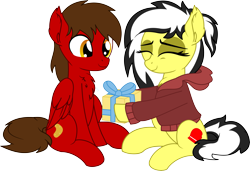 Size: 5461x3740 | Tagged: safe, artist:cyanlightning, imported from derpibooru, oc, oc only, oc:chip, oc:uppercute, earth pony, pegasus, pony, duo, eyes closed, female, folded wings, holding a present, male, mare, present, simple background, stallion, transparent background, vector, wings