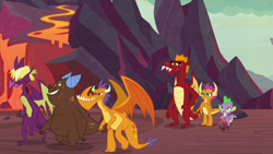 Size: 1920x1080 | Tagged: safe, imported from derpibooru, screencap, billy (dragon), clump, garble, smolder, spike, dragon, sweet and smoky, billy, dragon lands, dragoness, female, lava, male, teenaged dragon