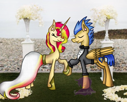 Size: 680x545 | Tagged: safe, artist:commandereclipse, imported from derpibooru, flash sentry, sunset shimmer, pony, unicorn, bride, clothes, dress, female, flashimmer, groom, male, marriage, shipping, straight, suit, tuxedo, wedding, wedding dress