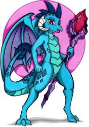 Size: 720x1024 | Tagged: safe, artist:canvymamamoo, imported from derpibooru, princess ember, dragon, bloodstone scepter, circle background, dragon lord ember, dragoness, female, holding, looking at you, open mouth, smiling, solo