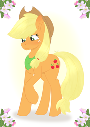 Size: 2480x3508 | Tagged: safe, artist:dyonys, derpibooru exclusive, imported from derpibooru, applejack, earth pony, pony, apple blossom, applejack's hat, blushing, clothes, cowboy hat, cutie mark, ear fluff, female, flower, freckles, hat, looking down, mare, raised hoof, scarf, simple background, standing