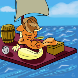 Size: 1024x1024 | Tagged: safe, artist:chaosmalefic, imported from derpibooru, applejack, earth pony, pony, barrel, ocean, raft, sail, sleeping, water, wilson (cast away)