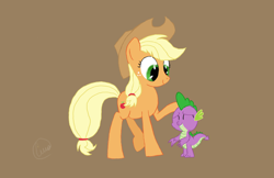 Size: 2176x1408 | Tagged: safe, artist:chaosmalefic, imported from derpibooru, applejack, spike, dragon, pony, cute, simple background