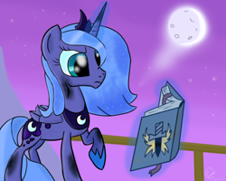 Size: 1280x1024 | Tagged: safe, artist:chaosmalefic, imported from derpibooru, princess luna, pony, book, moon, raised leg