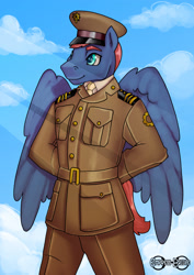 Size: 2480x3508 | Tagged: safe, artist:empressbridle, imported from derpibooru, oc, oc:spedy, anthro, pegasus, army, clothes, male, stallion, uniform