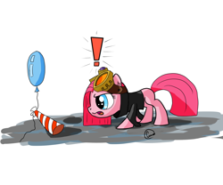 Size: 2600x2160 | Tagged: safe, artist:chaosmalefic, imported from derpibooru, pinkie pie, pony, alternate hairstyle, balloon, exclamation point, female, goggles, pinkie spy, solo, spy