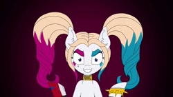 Size: 1280x720 | Tagged: artist needed, safe, imported from derpibooru, earth pony, pony, batman, bracelet, choker, clown makeup, evil, harley quinn, jewelry, looking at you, makeup, pigtails, ponified, spiked wristband, suicide squad, wristband