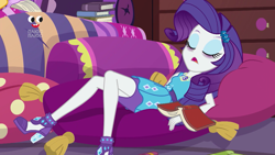 Size: 1920x1080 | Tagged: safe, imported from derpibooru, screencap, rarity, equestria girls, equestria girls series, holidays unwrapped, spoiler:eqg series (season 2), bags under eyes, blizzard or bust, book, clothes, eyes closed, eyeshadow, female, geode of shielding, legs, magical geodes, makeup, pencil skirt, plusplus, rarity peplum dress, skirt, sleeping, solo