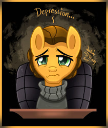 Size: 930x1100 | Tagged: safe, artist:joakaha, imported from derpibooru, cheese sandwich, earth pony, pony, the last laugh, alternate hairstyle, depressed, male, sad, solo