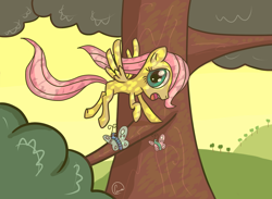 Size: 2600x1900 | Tagged: safe, artist:chaosmalefic, imported from derpibooru, fluttershy, butterfly, pegasus, pony, cute, dappled sunlight, female, filly, filly fluttershy, solo, tree, younger