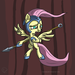 Size: 1024x1024 | Tagged: safe, artist:chaosmalefic, imported from derpibooru, fluttershy, pony, armor, flying, opera, spear, weapon