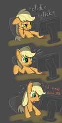 Size: 1024x2024 | Tagged: safe, artist:chaosmalefic, imported from derpibooru, applejack, earth pony, pony, chair, comic, computer, cowboy hat, female, hat, mare, open mouth, sitting, solo, surprised