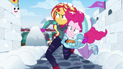 Size: 1920x1080 | Tagged: safe, imported from derpibooru, screencap, flash sentry, pinkie pie, sunset shimmer, equestria girls, equestria girls series, holidays unwrapped, spoiler:eqg series (season 2), plusplus, shrunken pupils, snow