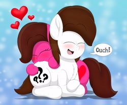 Size: 2048x1707 | Tagged: safe, artist:aarondrawsarts, imported from derpibooru, oc, oc:brain teaser, oc:rose bloom, earth pony, pony, biting, blushing, brainbloom, butt, butt bite, chest fluff, cute, dialogue, female, literal butthurt, male, oc x oc, ouch, pain, shipping, straight