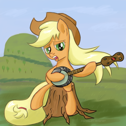 Size: 1024x1024 | Tagged: safe, artist:chaosmalefic, imported from derpibooru, applejack, pony, anatomically incorrect, banjo, musical instrument, singing, sitting, tree stump