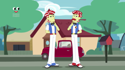 Size: 1920x1080 | Tagged: safe, imported from derpibooru, screencap, flam, flim, equestria girls, equestria girls series, holidays unwrapped, spoiler:eqg series (season 2), car, duo, duo male, flim flam brothers, handsome, male, plusplus, the cider louse fools