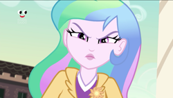 Size: 1136x640 | Tagged: safe, imported from derpibooru, screencap, princess celestia, equestria girls, equestria girls series, holidays unwrapped, spoiler:eqg series (season 2), angry, blizzard or bust, celestia is not amused, female, looking at you, plusplus, principal celestia, unamused