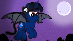 Size: 3840x2160 | Tagged: safe, artist:agkandphotomaker2000, imported from derpibooru, oc, oc:zero, pony, unicorn, bat wings, creature like pony, flying, moon, mountain, night, red eyes, tail, wings