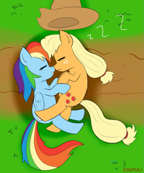 Size: 833x1000 | Tagged: safe, artist:empyu, imported from derpibooru, applejack, rainbow dash, earth pony, pegasus, pony, appledash, applejack's hat, boop, cowboy hat, cute, dashabetes, duo, female, hat, jackabetes, lesbian, mare, onomatopoeia, shipping, sleeping, sound effects, zzz