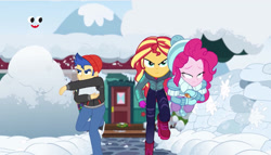 Size: 1144x656 | Tagged: safe, imported from derpibooru, screencap, flash sentry, pinkie pie, sunset shimmer, equestria girls, equestria girls series, holidays unwrapped, spoiler:eqg series (season 2), clothes, female, hat, male, plusplus, running, saving pinkie's pie, snow, snowball, snowball fight, winter outfit