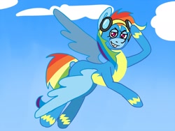 Size: 1280x960 | Tagged: safe, artist:lowname, imported from derpibooru, rainbow dash, pegasus, pony, clothes, costume, female, flying, goggles, grin, mare, salute, sky, smiling, smirk, solo, uniform, wonderbolts uniform