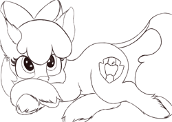 Size: 4093x2894 | Tagged: safe, artist:greed, imported from derpibooru, apple bloom, pony, cloven hooves, cute, digital art, female, filly, leonine tail, looking at you, lying down, monochrome, sketch, solo