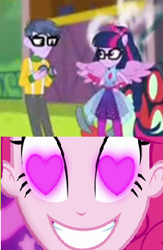 Size: 203x311 | Tagged: safe, edit, edited screencap, imported from derpibooru, screencap, microchips, pinkie pie, sci-twi, twilight sparkle, cheer you on, coinky-dink world, eqg summertime shorts, equestria girls, equestria girls series, spoiler:eqg series (season 2), female, male, meme, microlight, pinkie the shipper, pinkie's eyes, scitwilicorn, shipping, shipping domino, straight, super ponied up